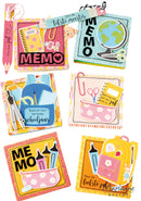 Set of colorful memo pads with various designs on a white background