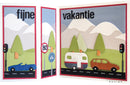 Two travel-themed greeting cards with cars, mountains, and text on a white background.