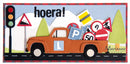 Card with a car carrying traffic signs and a traffic light, featuring the word 'hoera!' and the Marianne brand.
