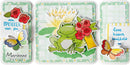 Decorative card with a frog, flowers, and butterfly on a green background