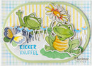 Two green frogs, a flower, and a butterfly on a striped background with 'Kikker Knuffel' text.