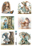Set of illustrations featuring children and animals in a whimsical setting.