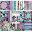 Collection of purple and teal patterned paper sheets with decorative elements.