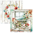 Decorative paper with a window view and floral wreath design on a white background