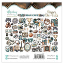 Man Cave themed paper die-cuts with various items on a branded packaging.
