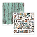 Sheet of decorative stickers with various icons on a wooden background