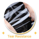 Close-up of a transparent plastic sheet with black stripes, held by a hand, on a white background with 'Tear Resistance' text.