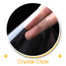 Clear film being applied to a surface with a hand for scale, labeled 'Crystal Clear'.