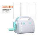 White and turquoise mini machine with packing list text on a white background