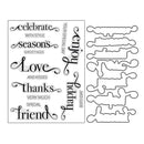 Clear stamp set with various phrases and shapes on a white background