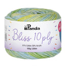 Ball of yarn with Panda brand label on a white background