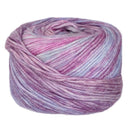 Multicolored yarn ball with shades of pink, purple, and blue on a white background