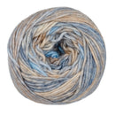 Multicolored yarn ball with blue and beige tones on a white background