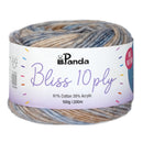 Ball of yarn with Panda brand label on a white background