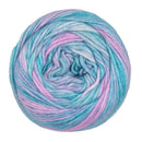 Multicolored yarn ball with shades of blue and pink on a white background