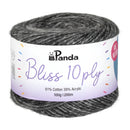 Ball of yarn with Panda brand label on a white background