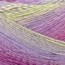 Close-up of multicolored yarn with purple, yellow, and pink hues.