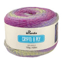 Multicolored yarn ball with Panda brand label on a white background