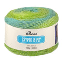 Ball of yarn with green and blue gradient on a white background, featuring Panda brand label.