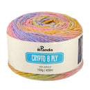 Multicolored yarn roll with Panda brand label on a white background