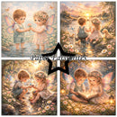 Collage of four illustrations featuring fairy children by a pond with 'Paper Favourites' branding.
