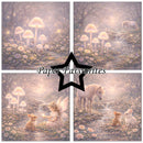 Collage of fantasy scenes with fairies, unicorns, and animals in a mystical forest setting.