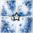 Four panels of blue flowers and butterflies with 'Paper Favourites' logo.