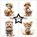 Four illustrations of animals with baskets of Easter eggs and flowers, featuring 'Paper Favourites' branding.
