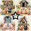 Set of four illustrations featuring pigs and a small house with flowers around.