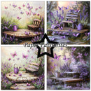 Collage of four images featuring a garden scene with a wooden bench, lavender flowers, and purple butterflies, branded 'Paper Favourites'.