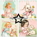 Vintage-style Easter illustrations with children and animals, featuring 'Happy Easter' text and 'Paper Favourites' branding.