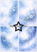 Four blue floral designs with 'Paper Favourites' branding.