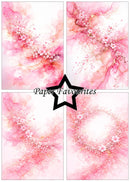 Three pink and white abstract designs with 'Paper Favourites' branding.