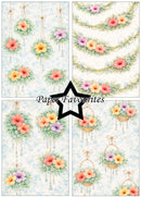 Floral patterns with hanging baskets and flowers on a light blue background, branded 'Paper Favourites'.