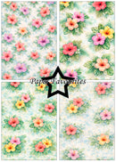 Floral pattern with pink, yellow, and green flowers on a light blue background, branded 'Paper Favourites'.