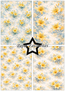Floral pattern with yellow flowers on a light blue background, featuring 'Paper Favourites' branding.