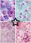 Four different designs of purple orchids with 'Paper Favourites' branding.