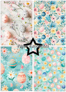 Set of four Easter-themed paper designs with eggs and flowers, branded 'Paper Favourites'.