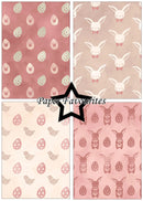 Set of four Easter-themed paper designs with rabbits, eggs, and birds on a pink and beige background.