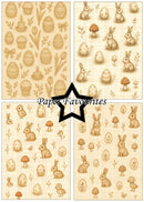 Set of four Easter-themed paper designs featuring bunnies, eggs, and plants with 'Paper Favourites' branding.