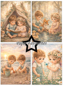 Collage of four vintage-style illustrations of children in different scenarios with 'Paper Favourites' branding.