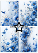 Three panels of blue flowers and butterflies with 'Paper Favourites' branding.
