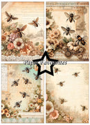 Collage of vintage-style paper designs with bees and flowers, featuring the brand 'Paper Favourites'.
