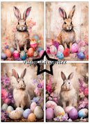 Four panels of Easter-themed artwork featuring rabbits and colorful eggs with 'Paper Favourites' branding.