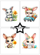 Four cute cartoon bunnies with flowers and a car on a white background, branded 'Paper Favourites'.