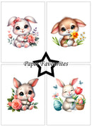 Four cute cartoon bunnies with flowers and Easter elements on a white background, branded 'Paper Favourites'.