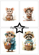 Four illustrations of animals with baskets of Easter eggs and flowers, featuring 'Paper Favourites' branding.