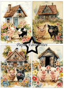 Set of four illustrations featuring pigs and a house with flowers.