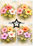 Set of four floral designs with colorful flowers on a white background, featuring the brand 'Paper Favourites'.