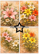 Set of four floral designs with lilies and other flowers, featuring the brand 'Paper Favourites'.